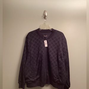 Lane Bryant navy blue laser cut floral zip up jacket